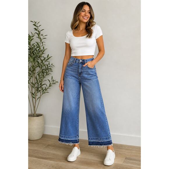 Judy Blue Denim - Judy Blue Wide Leg Cropped Jeans Raw Hem High Rise Super Soft Comfortable Sz 26